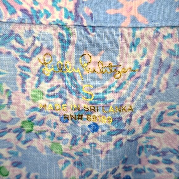 Lilly Pulitzer 100% Linen Button Down Shirt Women’s Small Blue Pink Green Floral - Picture 3 of 5